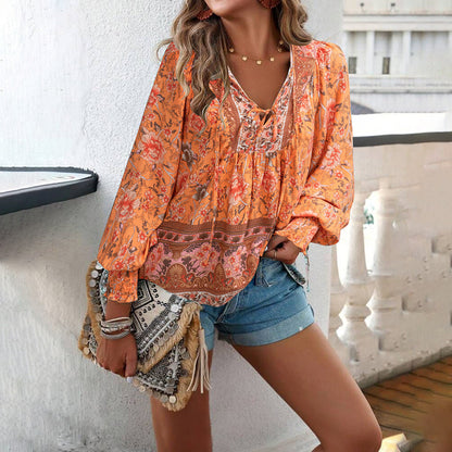 Bohemian Print Long Sleeve Cotton Blouse for Women