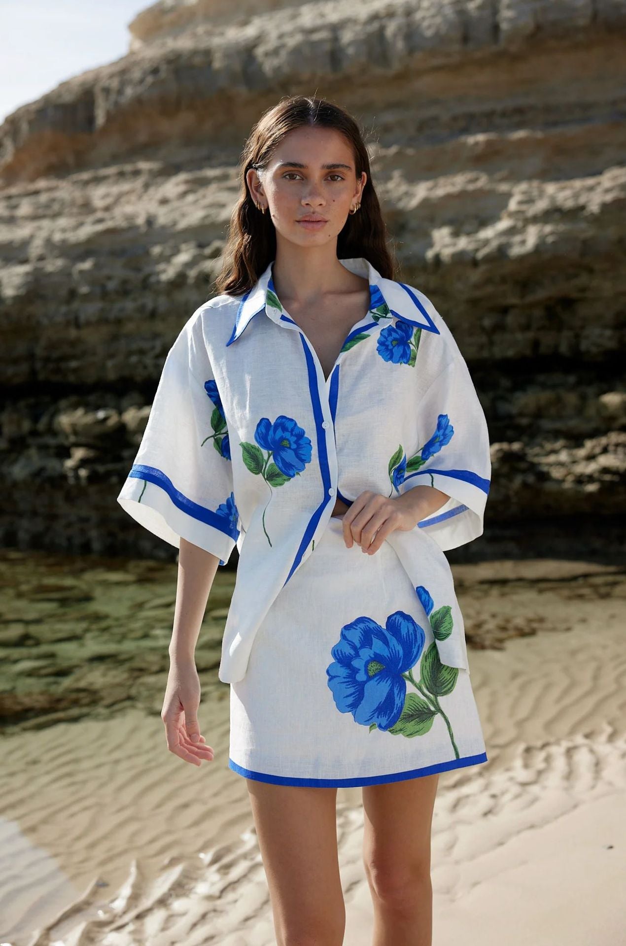 Elegant Floral Print Linen Dress Set