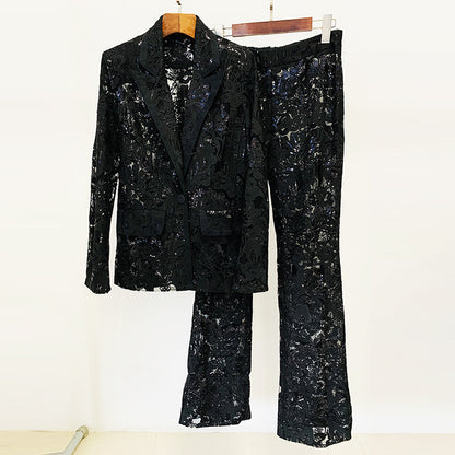 Fashionable Sheer Embroidered Blazer And Trouser Set