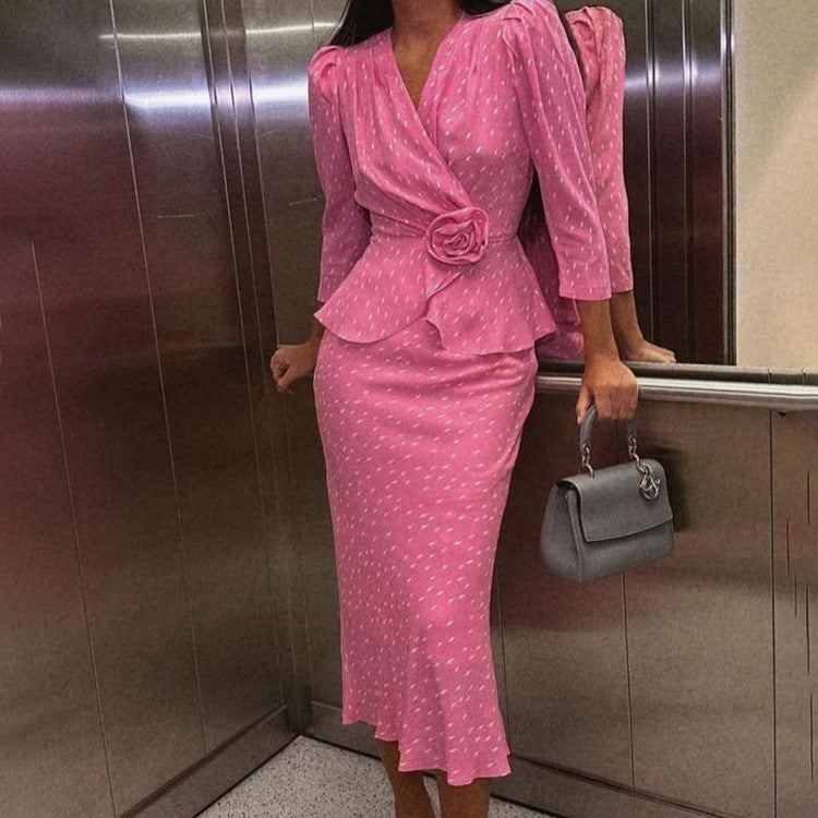 Fashionable V-Neck Long Sleeve Top and Bodycon Skirt Set