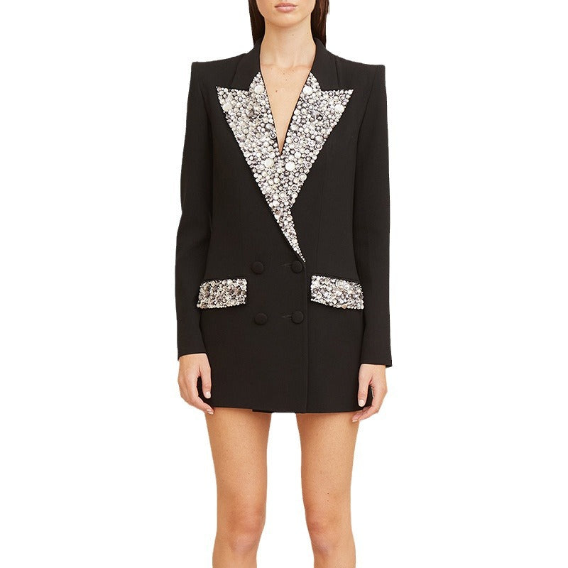 Elegant Tailored Long Blazer With Beaded Embellishments