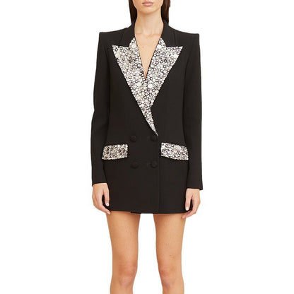Elegant Tailored Long Blazer With Beaded Embellishments