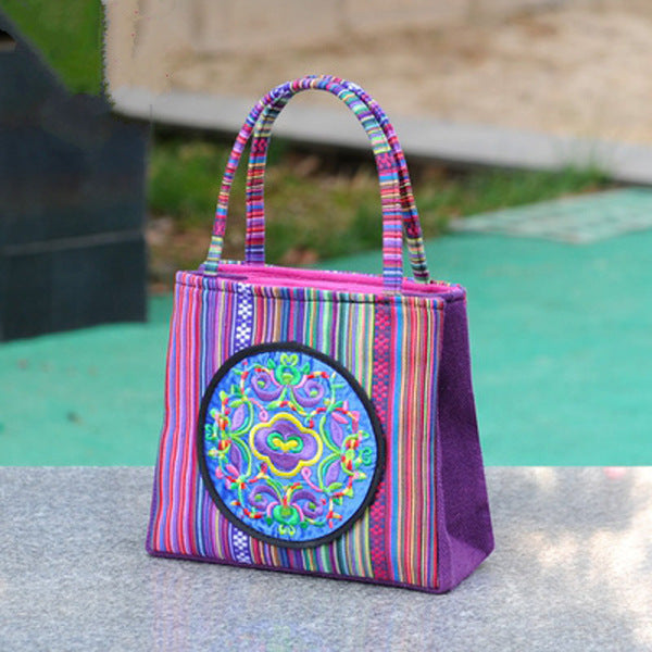 New Ethnic Style Bag Women'S Handheld Double Pull Bag Versatile Small Square Bag Striped Hand Bag