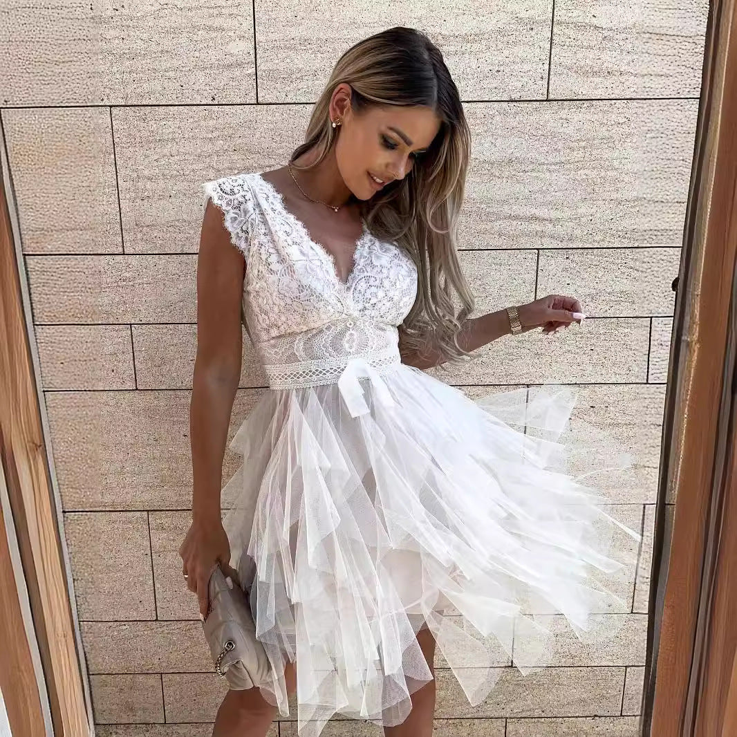 Elegant V-Neck Lace Trim Sleeveless Party Dress