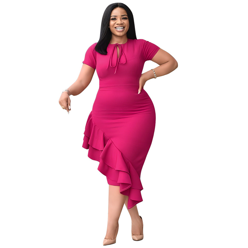 Trendy Plus Size Casual Dress With Ruffle Hem And Tie