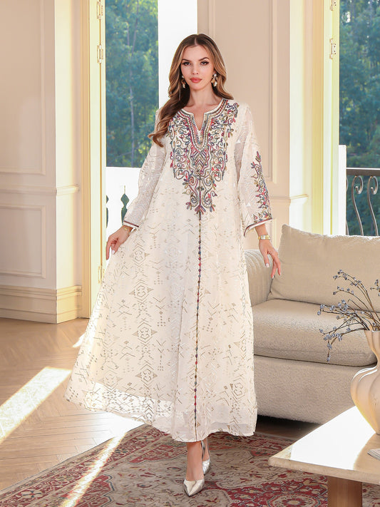 Embroidered Muslim Maxi Dress Elegant Abaya for Ladies
