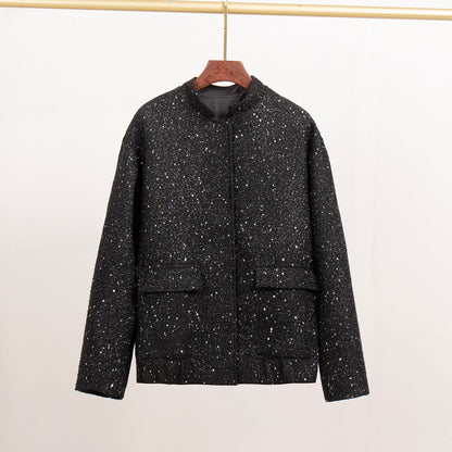 Sequin Detail Stand Collar Jacket Stylish Casual Outerwear