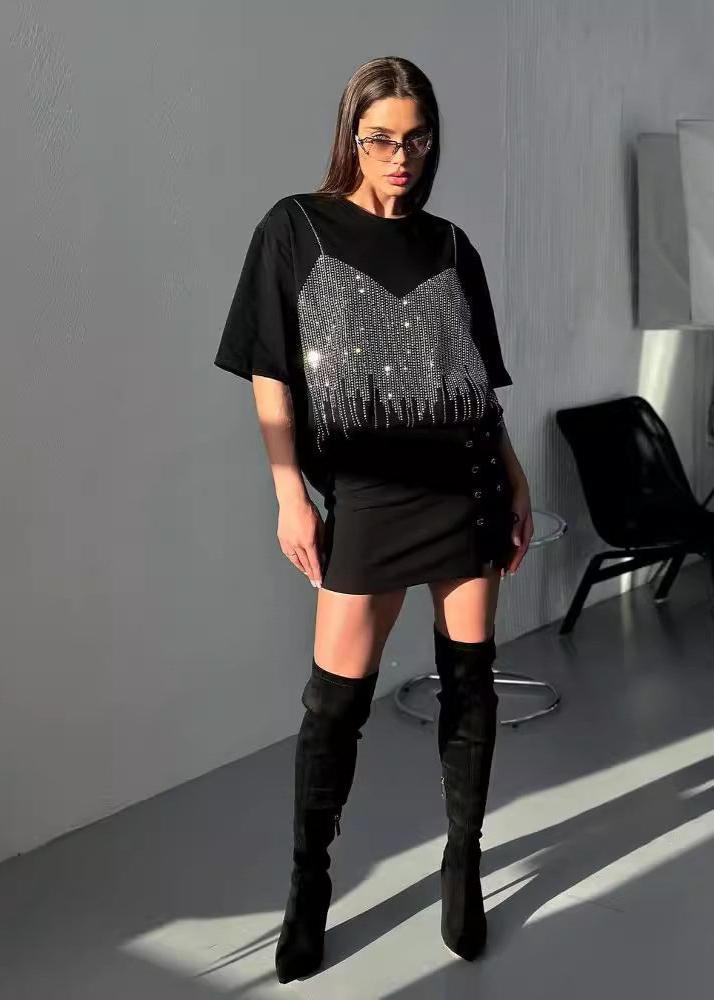 Embellished Cotton Tee With Rhinestone Corset Design