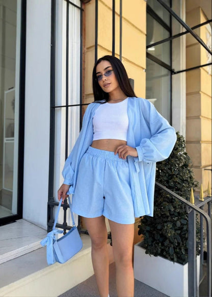 Linen Wrap Front Set With Belted Shirt And Shorts