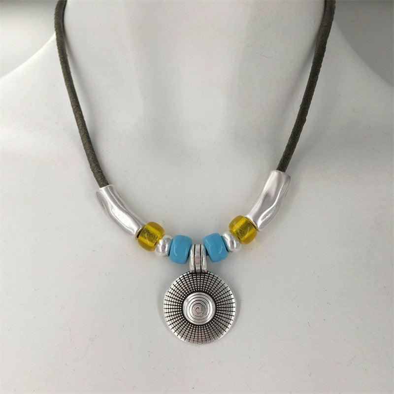 New Turquoise Round Necklace Alloy Round Brand Ccb Beaded Wax Rope Chain Punk Necklace