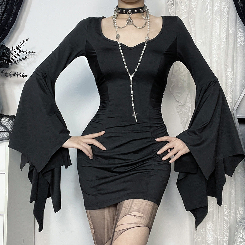 Dark Elegance Slim-Fit Batwing Sleeve Mini Dress