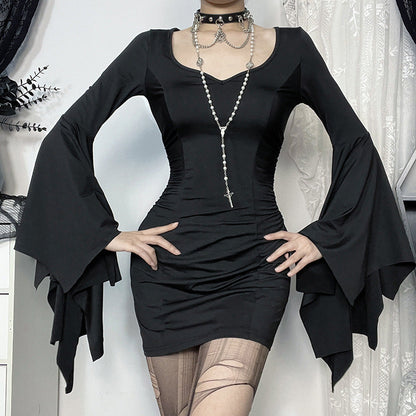 Dark Elegance Slim-Fit Batwing Sleeve Mini Dress