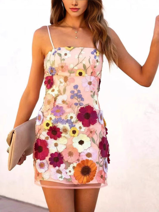 3D Floral Embroidered Slip Dress Elegant Polyester Summer Dress