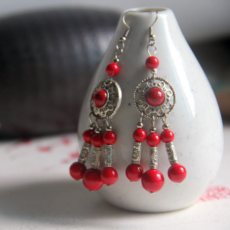 Tibetan Pine Stone Earrings Long Exaggerated Transfer Earrings