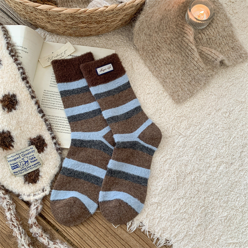 Striped Color Block Thermal Plush Crew Socks