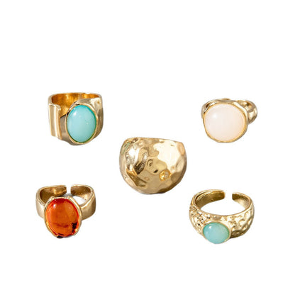 Retro Geometric Adjustable Ring Set With Gemstone Inlays