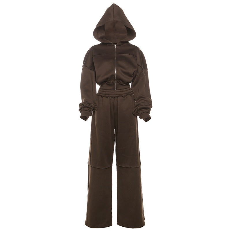 Hooded Long Sleeve Zip-Up Jacket And Loose Trousers Set