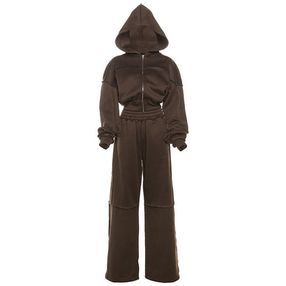 Hooded Long Sleeve Zip-Up Jacket And Loose Trousers Set