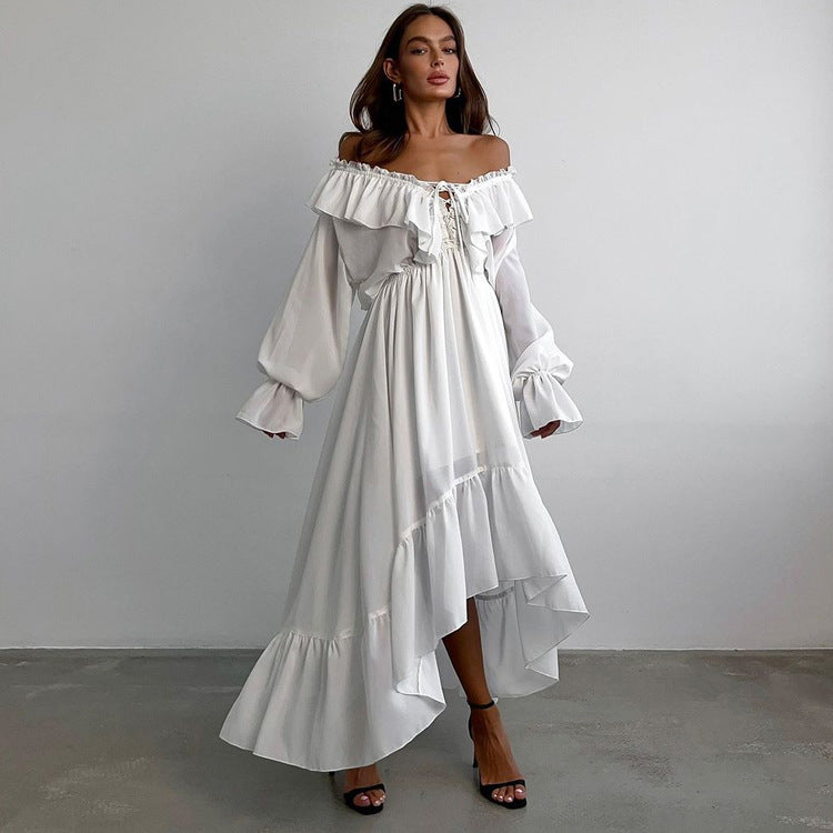 V Neck Ruffled Sleeve Asymmetrical White Chiffon Maxi Dress