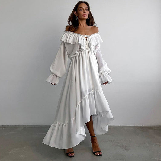 V Neck Ruffled Sleeve Asymmetrical White Chiffon Maxi Dress