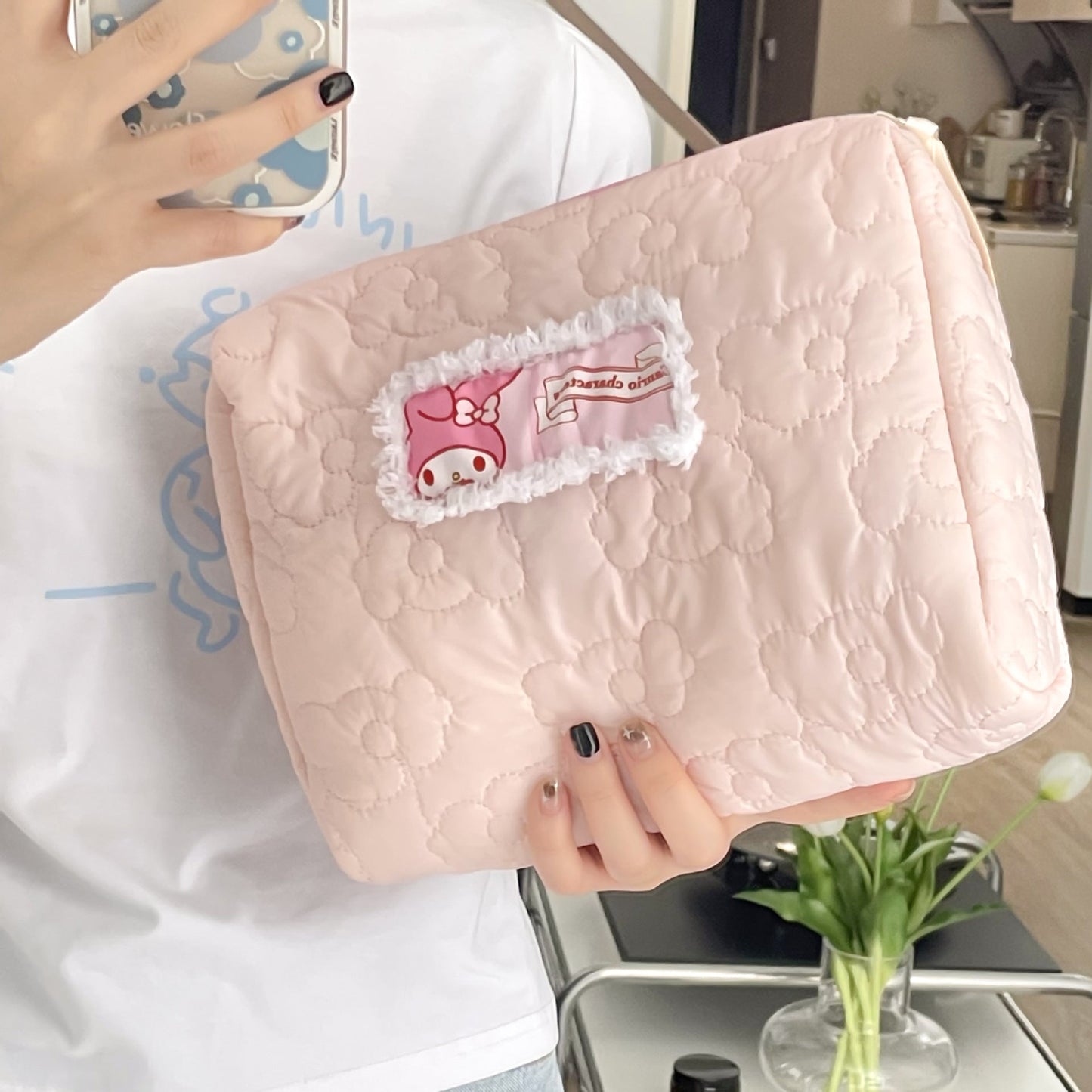 Quilted Patch Cosmetic Bag Cute Portable Large Capacity Bag