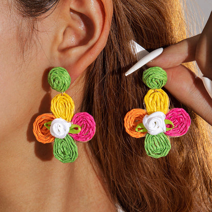 Handmade Woven Raffia Vacation Earrings Floral Design