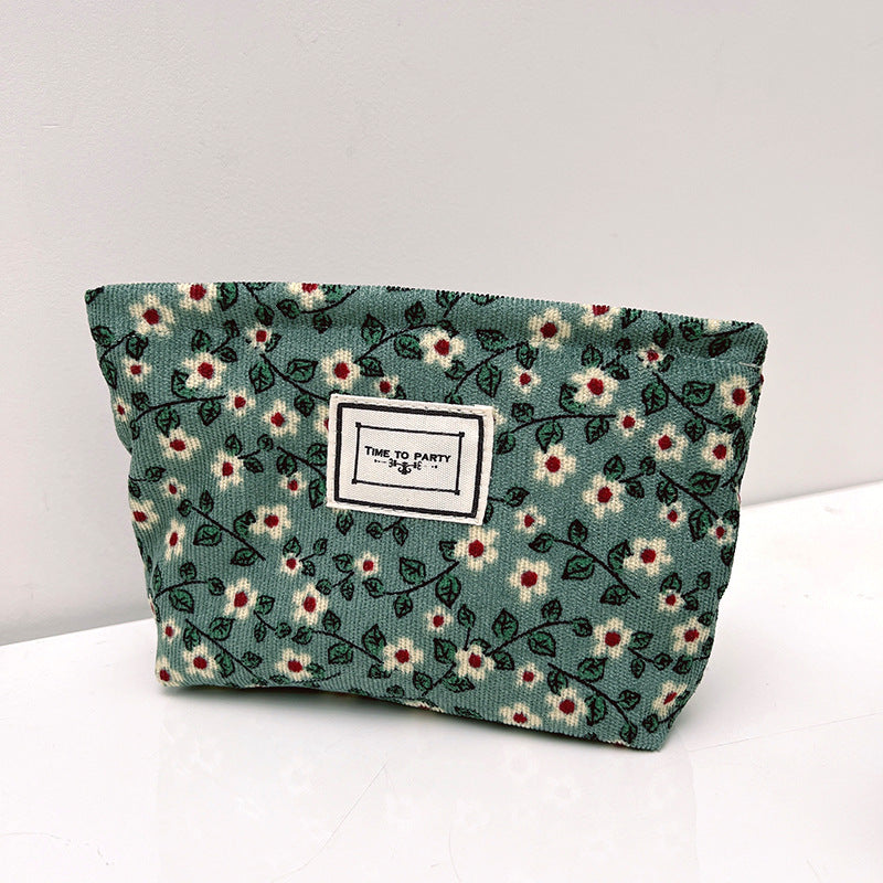 Corduroy Floral Zipper Makeup Bag Portable Travel Toiletry Organizer