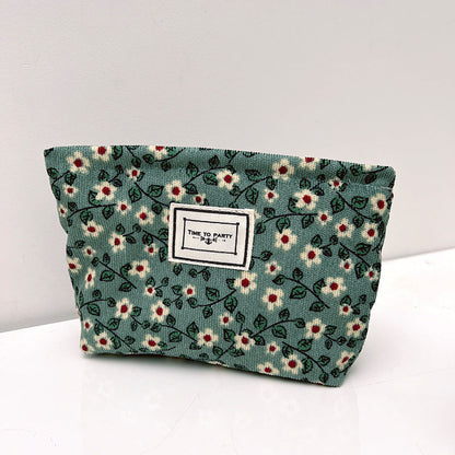 Corduroy Floral Zipper Makeup Bag Portable Travel Toiletry Organizer