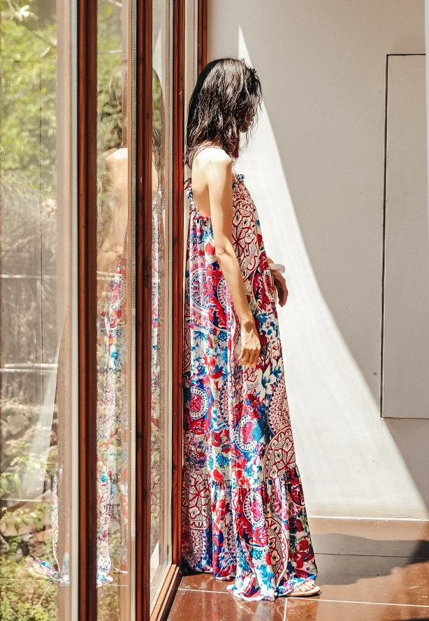 Ethnic Style Summer Bohemian Holiday Thailand Beach Spaghetti-Strap Long Dress