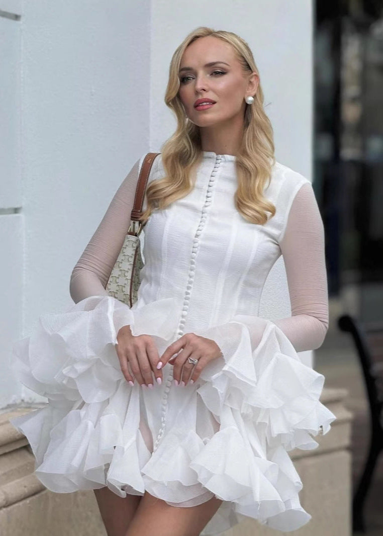 Sheer Sleeve Ruffle Mini Dress In Lightweight Fabric
