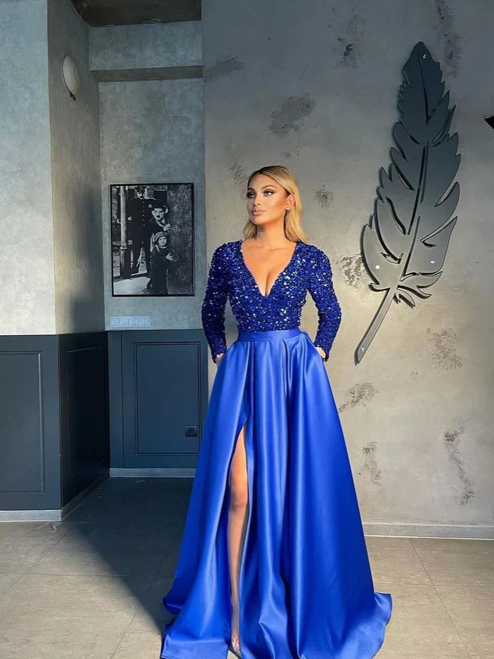 Sequin V-Neck Flared Long Dress With Side Slit