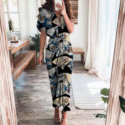 Elegant Floral V-Neck High-Waisted Dress for Women