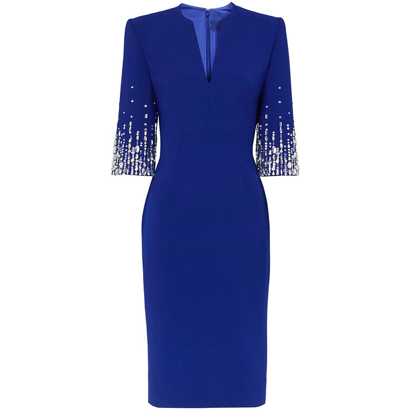 V-Neck Knee-Length Dress With Beading And Sequins