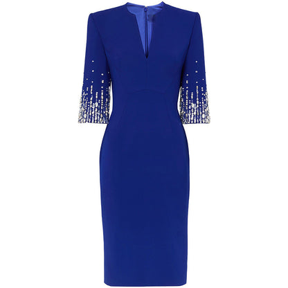 V-Neck Knee-Length Dress With Beading And Sequins