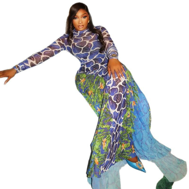 Trendy Print Bodycon Midi Dress With Long Sleeves And High Neck