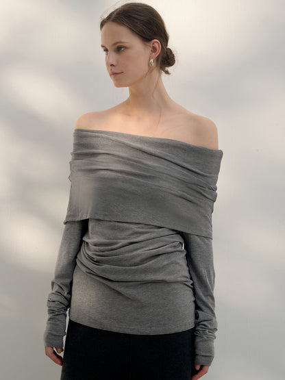 French Off-Shoulder Long Sleeve Top Stylish Knitted T-Shirt