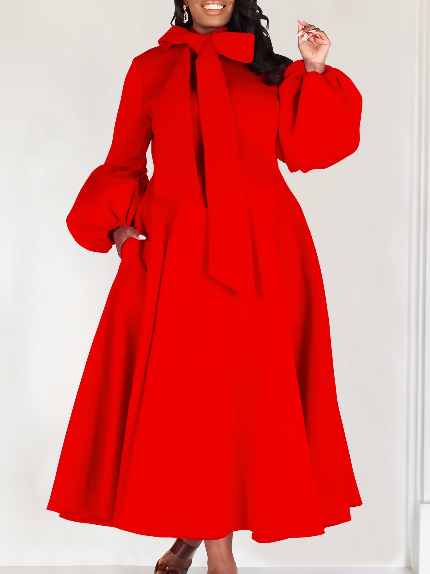 Elegant High-Waisted Dress With Puff Sleeves And Flared Skirt