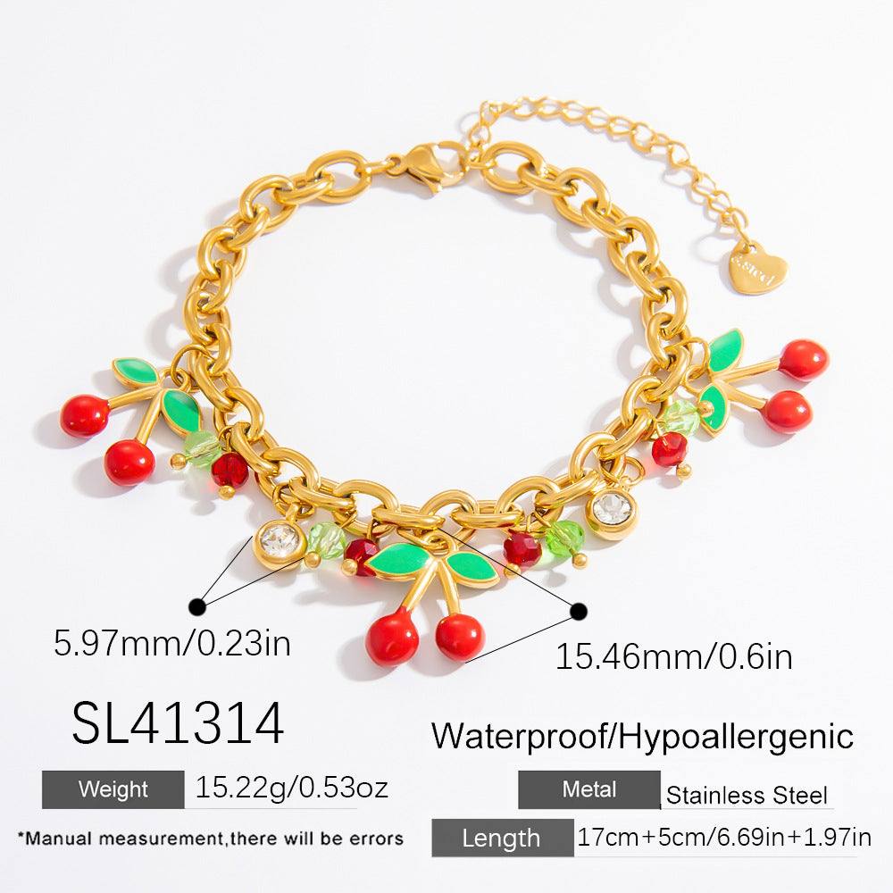 Cherry Pendant Stainless Steel Bracelet for Women Elegant Fashion Accessory
