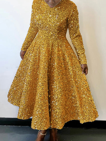 Elegant Long Sleeve Sequin A-Line Dress For Evening Events