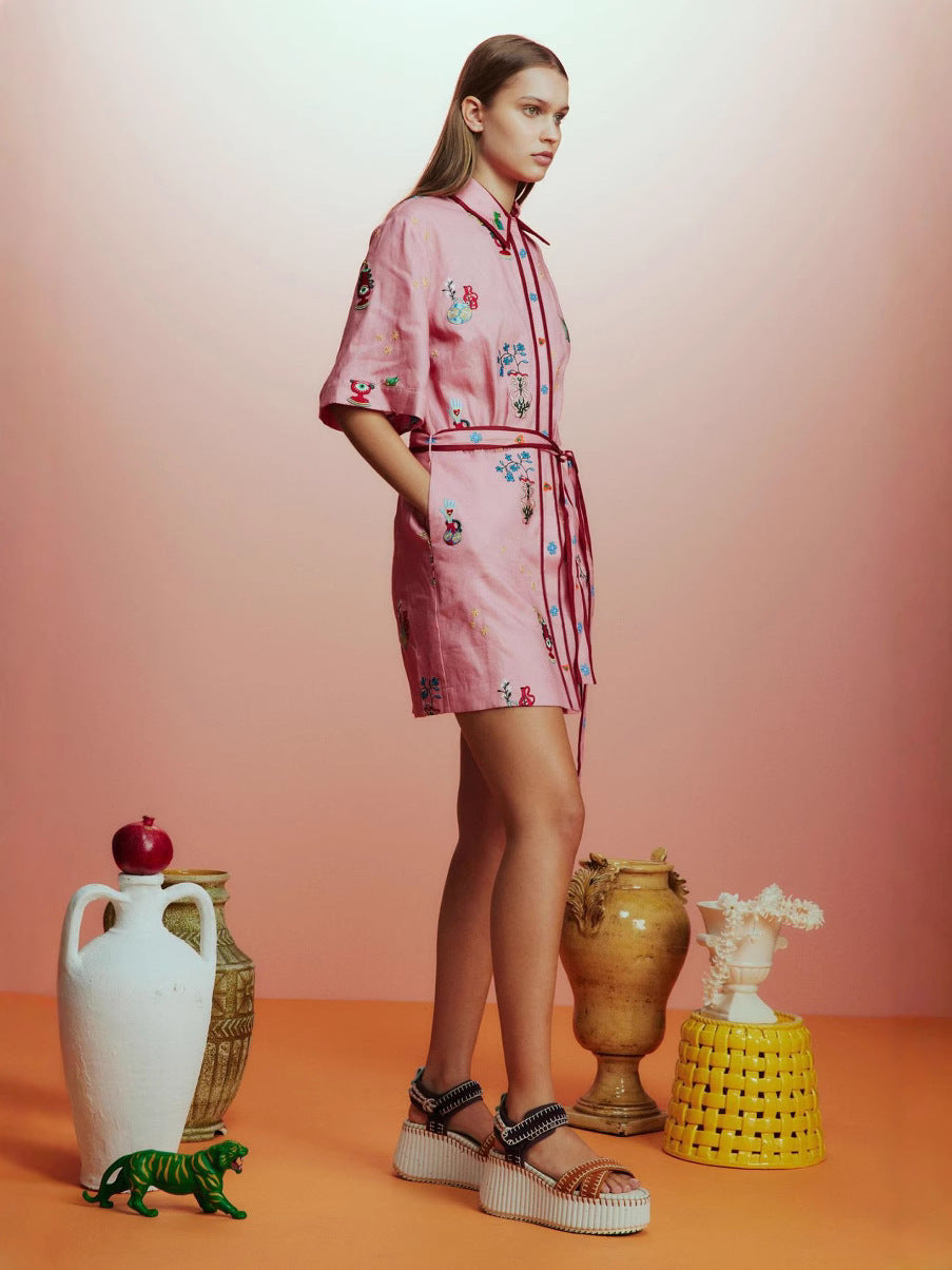 Linen Floral Midi Dress Elegant Casual Shirt Jacket