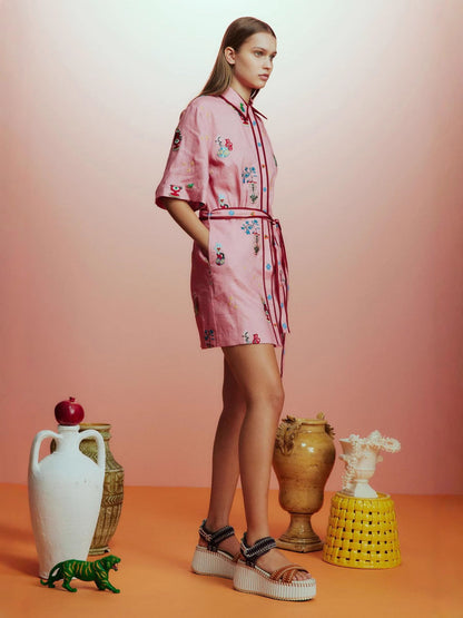 Linen Floral Midi Dress Elegant Casual Shirt Jacket