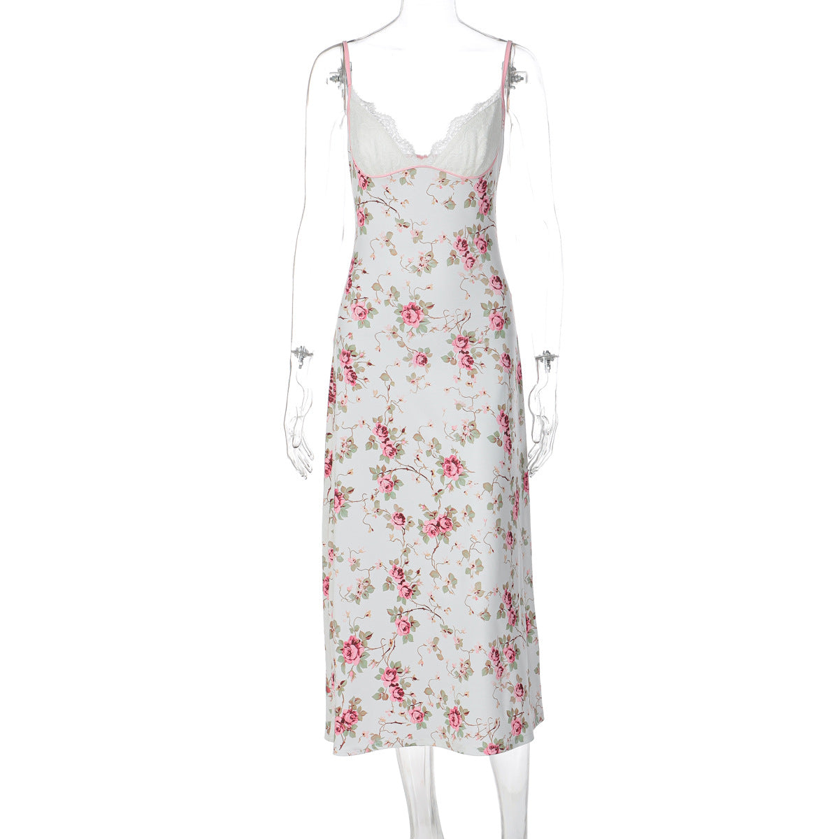 Floral Print V-Neck Lace Maxi Dress