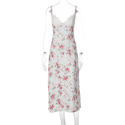 Floral Print V-Neck Lace Maxi Dress