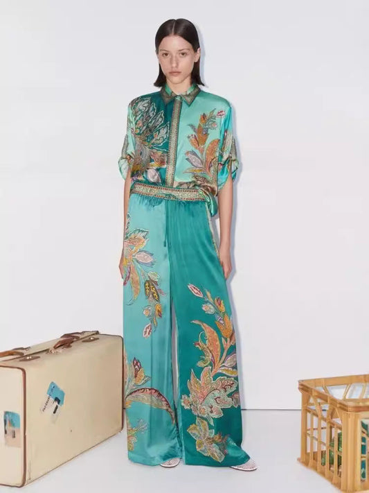 Retro Floral Print Satin Short Sleeve Shirt and Pants Set