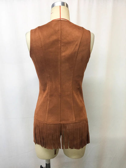 Retro Western Fringe Buttoned Brown Suede Vest