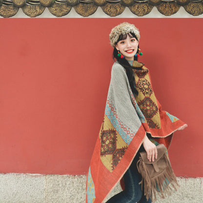 Spring And Autumn Ethnic Style Cape Travel Warm Tibet Imitation Cashmere Cape Oversized Cape Scarf