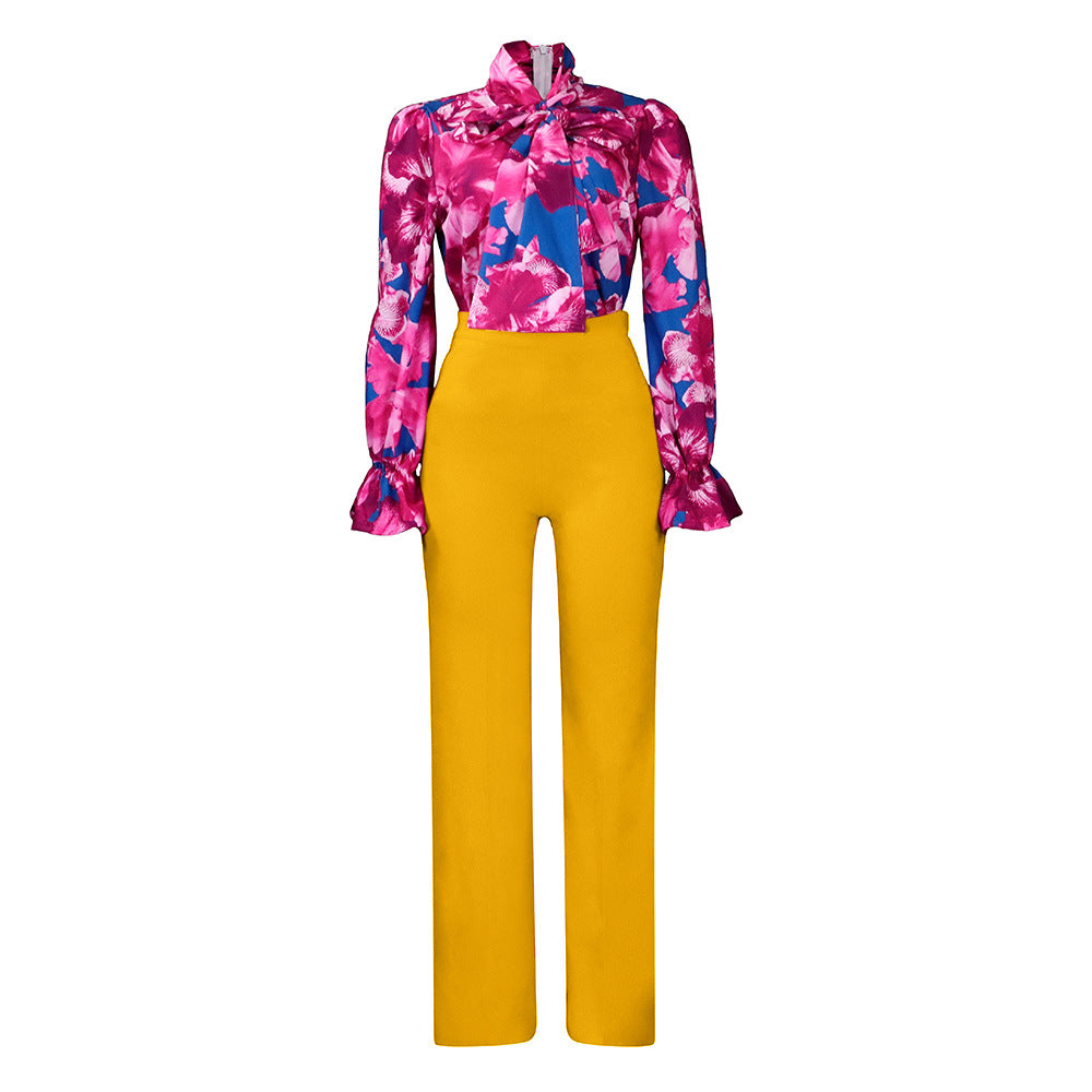 Casual Long Sleeve Floral Shirt And Wide Leg Pants Set