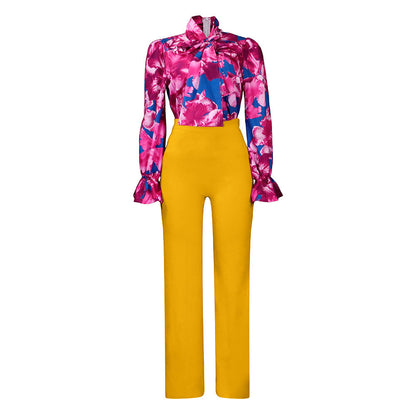 Casual Long Sleeve Floral Shirt And Wide Leg Pants Set