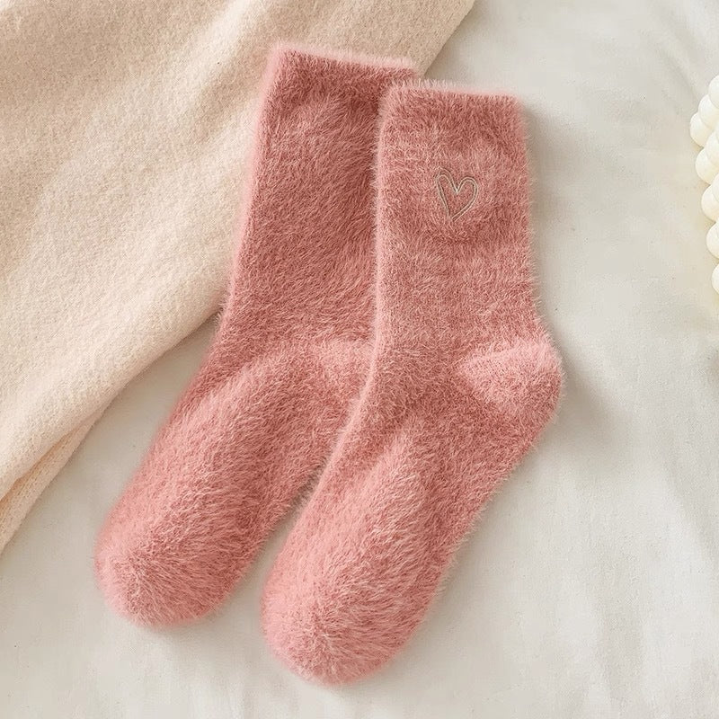 Cute Heart Embroidery Fuzzy Plush Socks