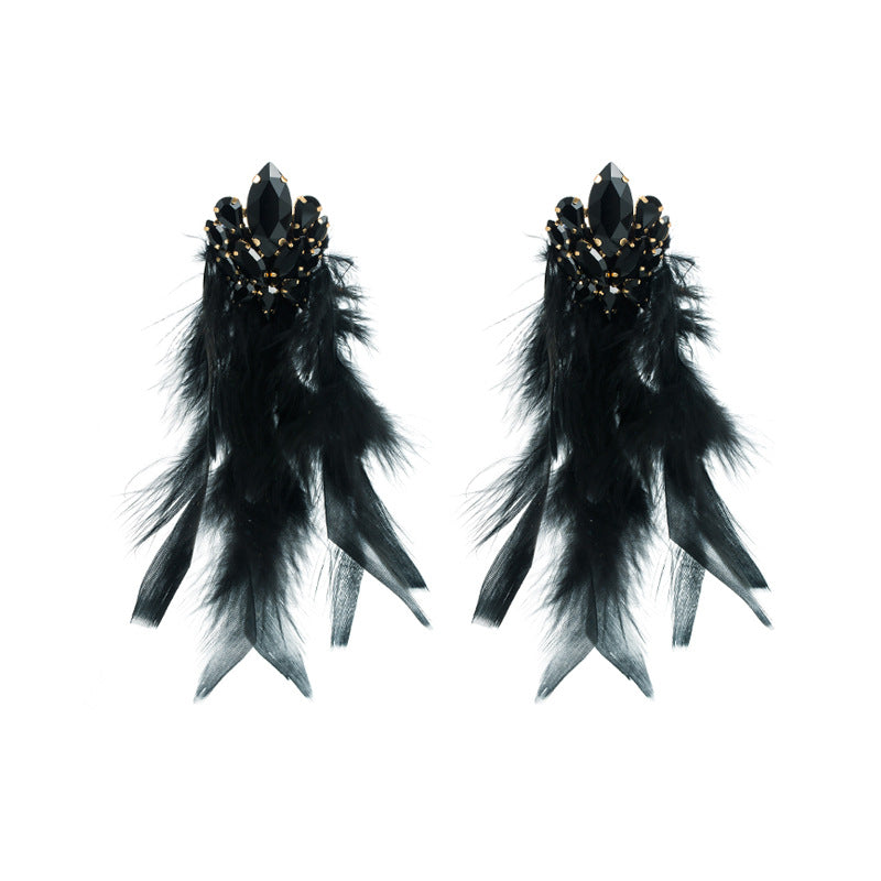 Bohemian Floral Alloy Rhinestone Long Feather Tassel Earrings